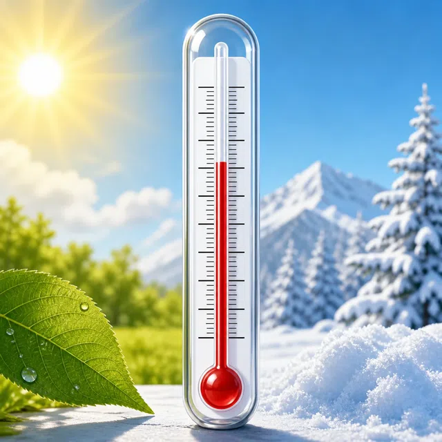 Illustrazione originale di un termometro tra paesaggi estivi e invernali