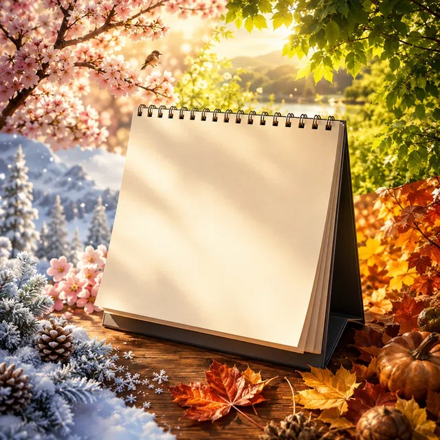 Page de calendrier stylisée avec blocs de semaines et saisons
