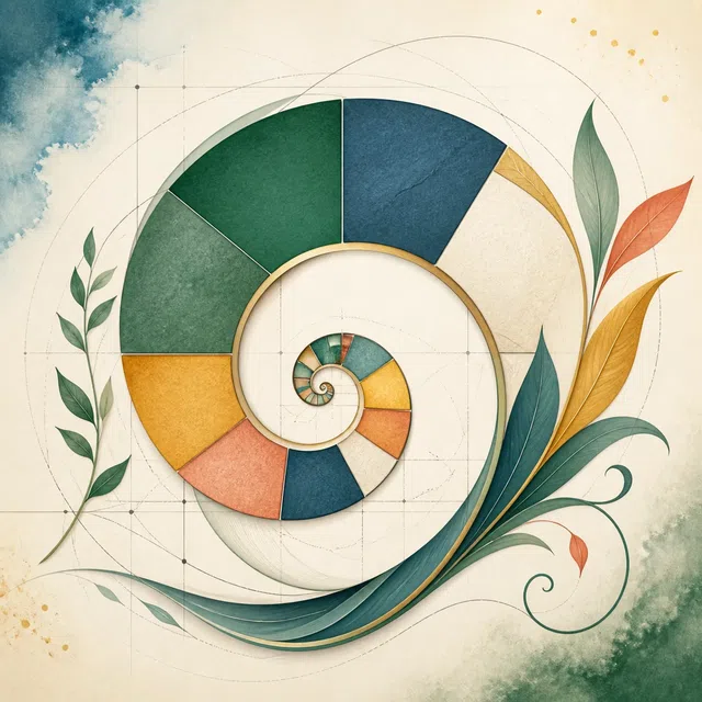 Illustrazione originale di una spirale in crescita fatta di piastrelle e forme di foglie
