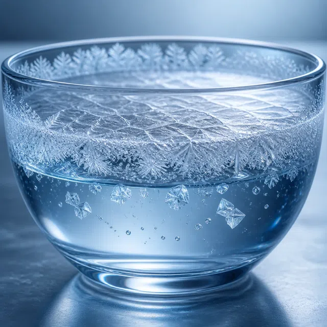 Original illustration of water crystallizing into ice in a glass bowl