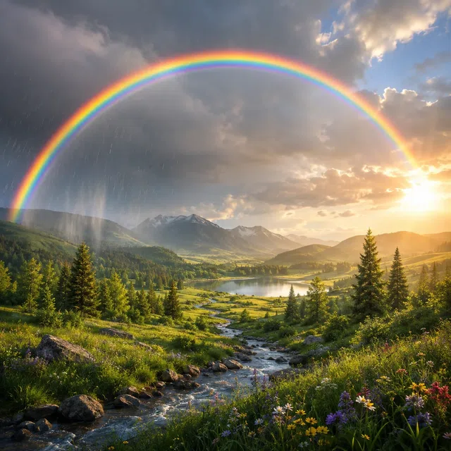 Arc-en-ciel formé par la lumière du Soleil traversant et se réfléchissant dans des gouttes rondes