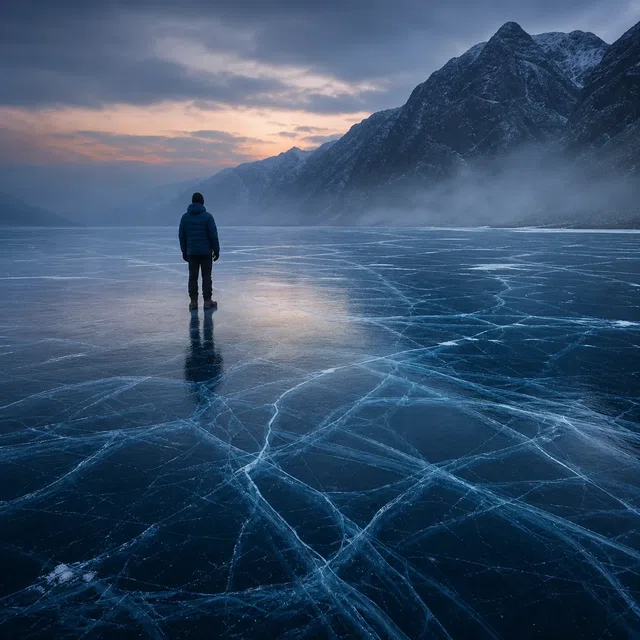 Une personne debout sur un lac de montagne gelé au crépuscule