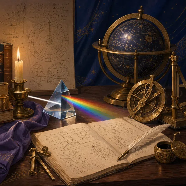 Original illustration of an Enlightenment study with a prism, celestial globe, and unreadable scientific notes