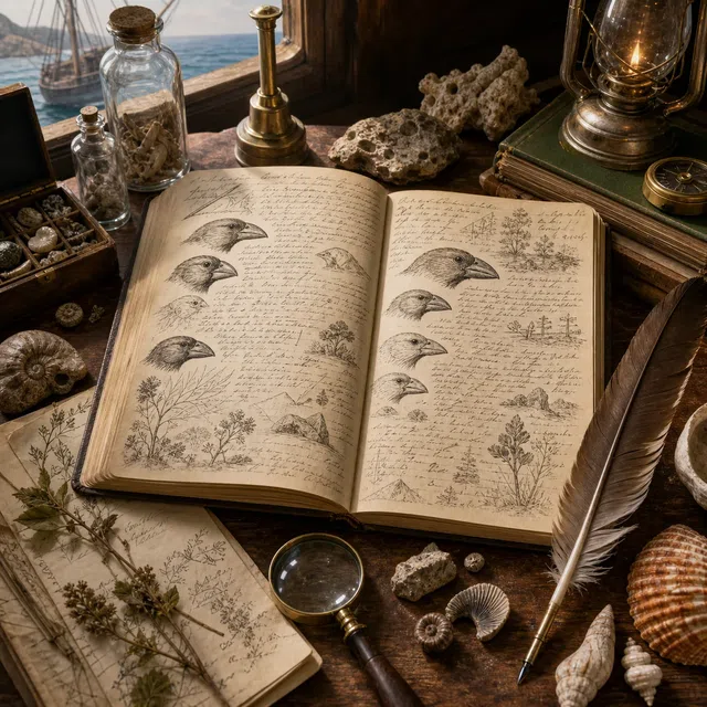 Original illustration of a Victorian naturalist's desk with finch sketches, fossils, and a written notebook
