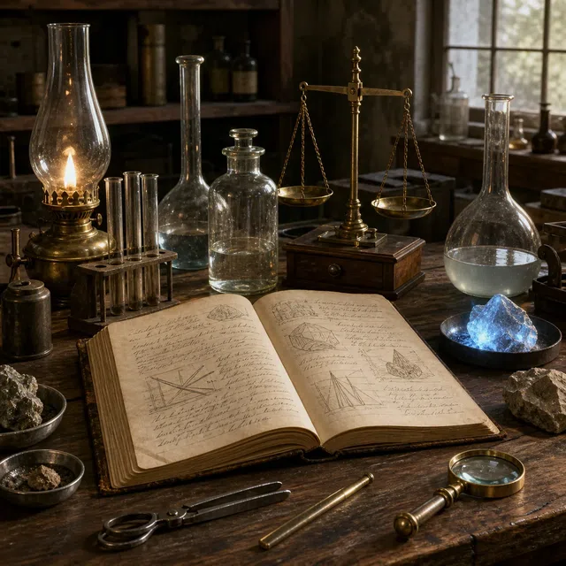 Illustration originale d'une paillasse historique avec verrerie, échantillon minéral et carnet écrit