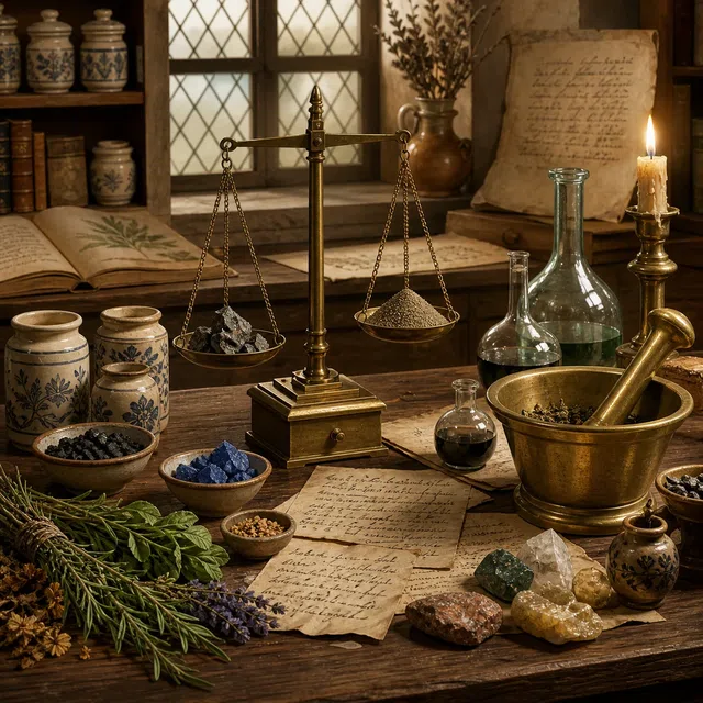 Illustration historique originale d'un atelier de la Renaissance avec balance, mortier, herbes et verrerie