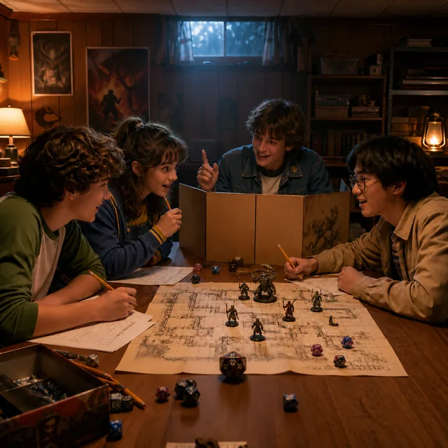 Illustration originale d’un groupe anonyme jouant à un jeu de rôle sur table dans un sous-sol des années 1980