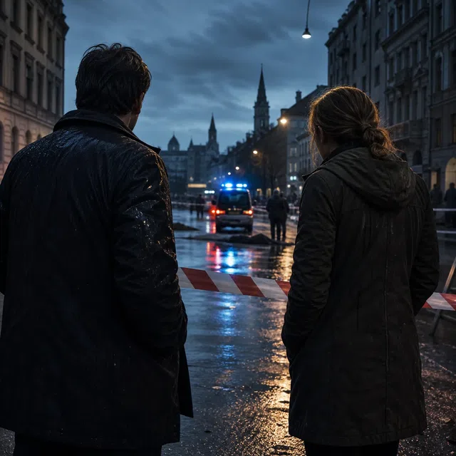 Original illustration of an anonymous investigation scene with detectives on a rainy city street