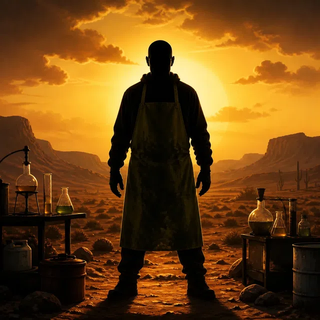Illustration stylisée originale d’une figure anonyme liée à la chimie dans une atmosphère désertique dramatique