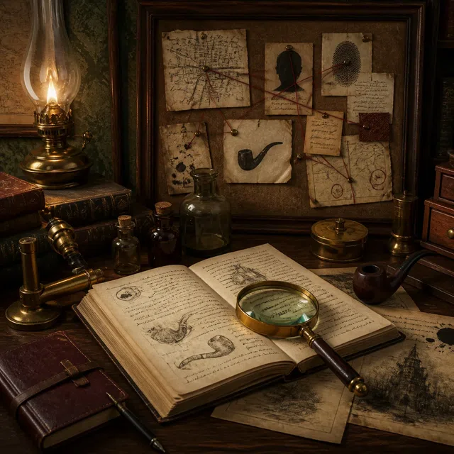 Illustration originale d'un laboratoire de détective victorien avec une loupe et des indices abstraits