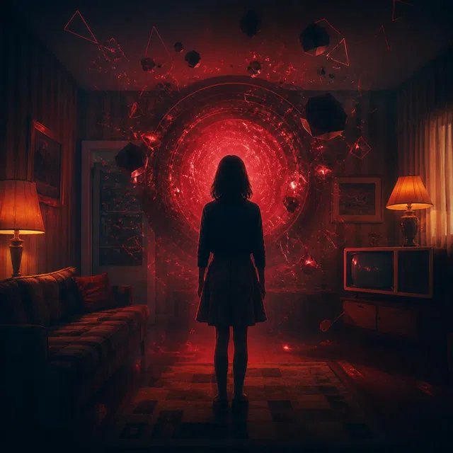 Originale Illustration einer anonymen jungen Silhouette vor einem roten Science-Fiction-Portal