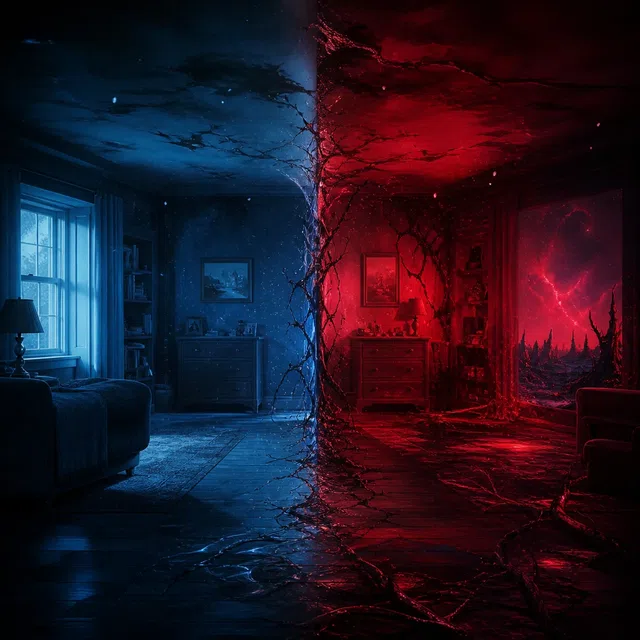 Ursprüngliche surreale Illustration eines Vorstadtwohnzimmers, das sich in eine unheimliche rot-blaue Spiegelversion verwandelt