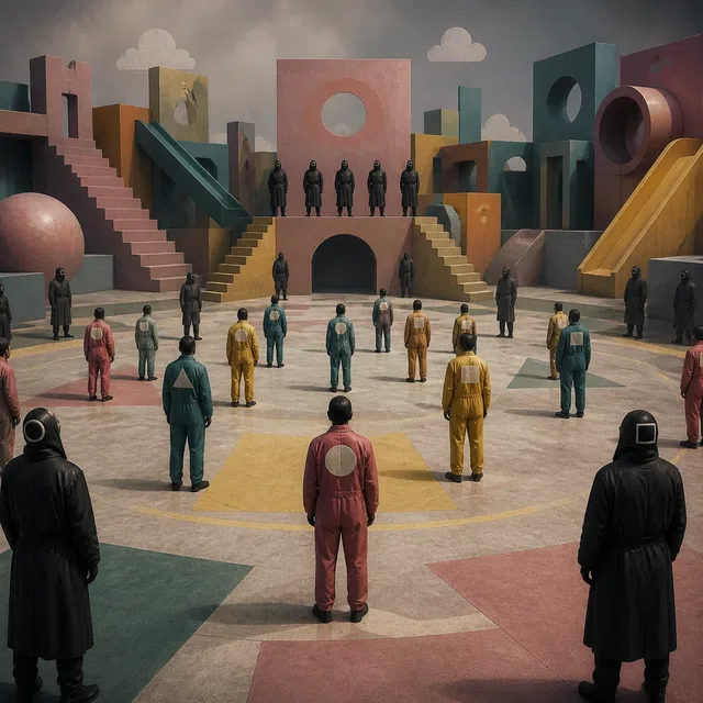 Illustration originale d'une arène dystopique avec des concurrents anonymes et des formes de terrain de jeu surdimensionnées