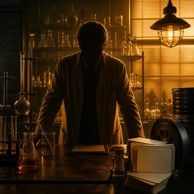 Illustration originale d'un laboratoire de chimie avec un professeur anonyme et des bobines de film vierges