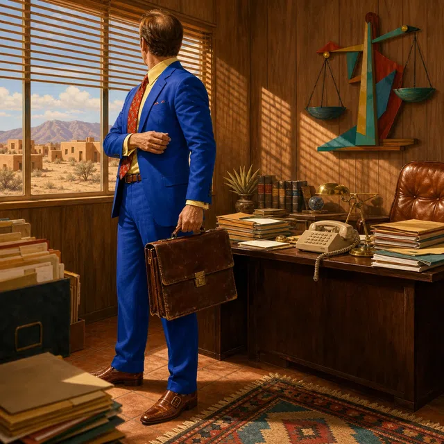 Original illustration of Saul Goodman as a male lawyer in a bright blue suit, seen from behind in a New Mexico law office