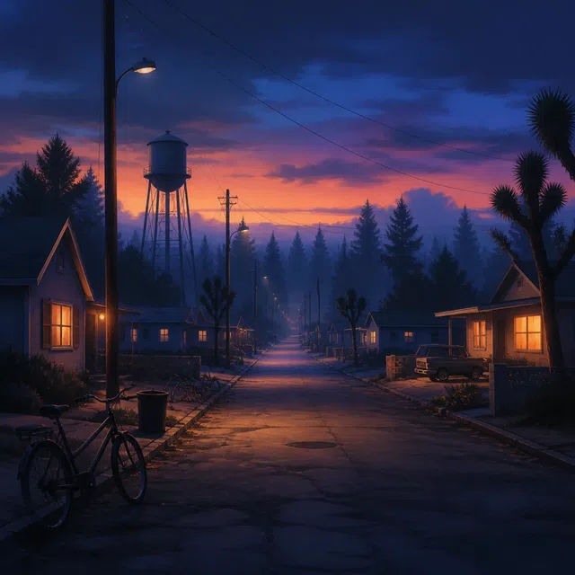 Illustration originale d'une mystérieuse petite ville américaine au crépuscule