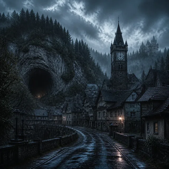 Ilustración original de una ciudad alemana misteriosa con bosque, cueva y torre del reloj