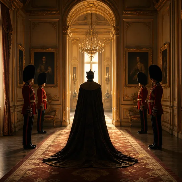Originale Illustration eines britischen Königspalasts mit anonymer Monarchen-Silhouette