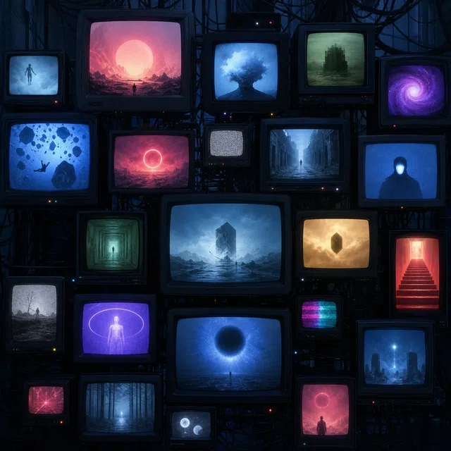 Original illustration of a wall of many different surreal television scenes
