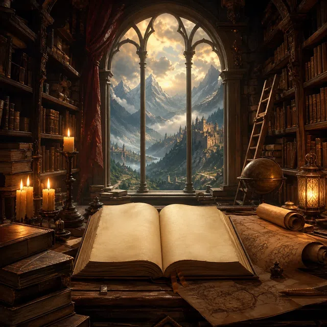 Ilustrasi fantasi asli perpustakaan dengan buku dan peta kuno