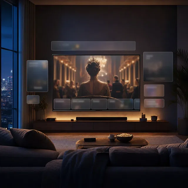 Illustration originale d'un salon avec des écrans de streaming abstraits et un drame d'époque
