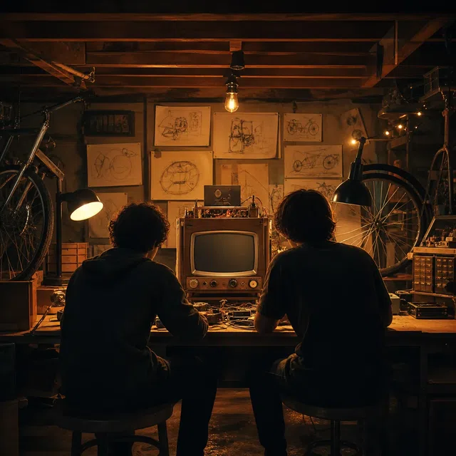 Ilustración original de dos jóvenes creadores anónimos en un sótano misterioso