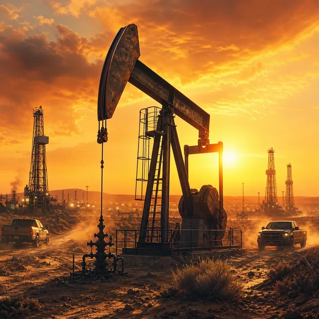 Illustration originale d'un champ pétrolier de l'ouest du Texas au coucher du soleil