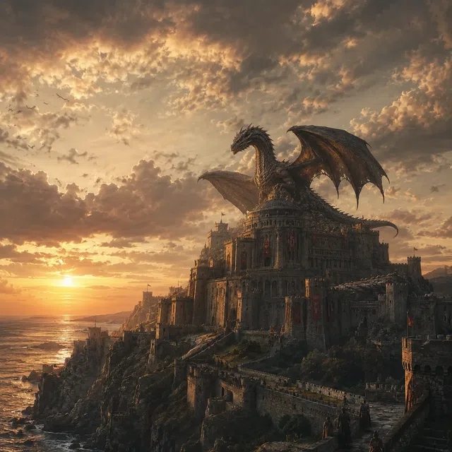 Um enorme dragão antigo pairando sobre um campo de batalha dramático em House of the Dragon