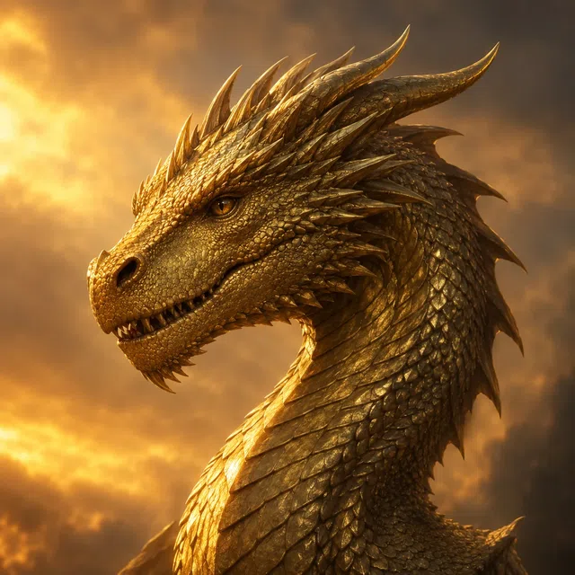 Um dragão dourado ao lado do Rei Aegon II Targaryen em House of the Dragon