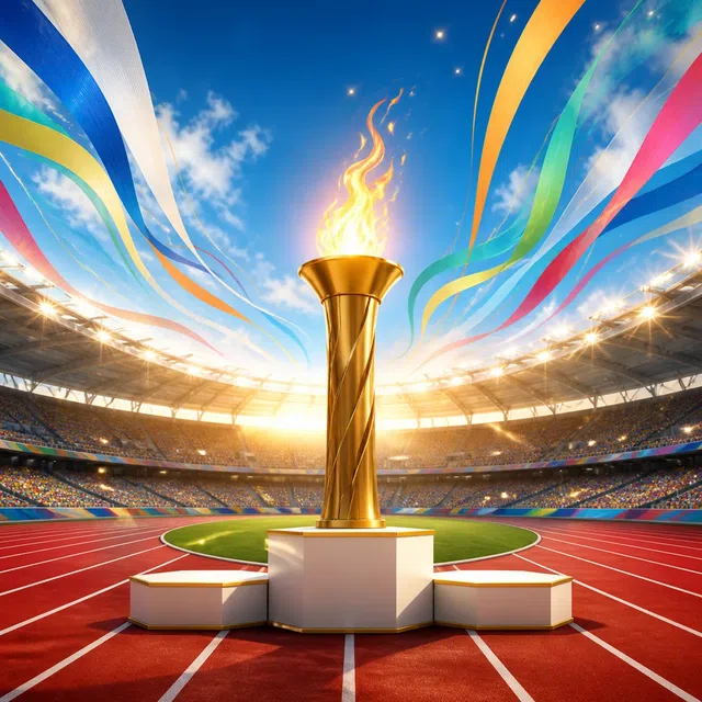 Illustration originale d’une arène sportive avec flamme d’inspiration olympique et rubans colorés abstraits sans logo d’anneaux