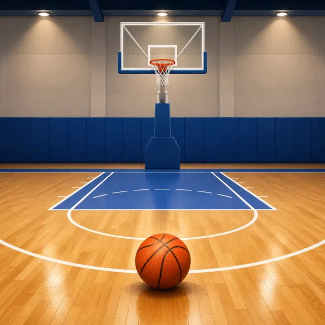 Een lege basketbalhal met basket en bal