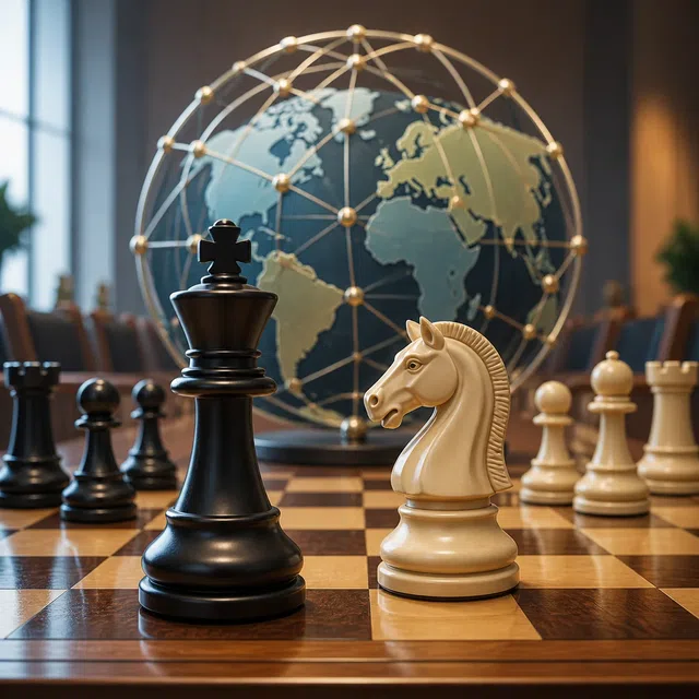 Schaakstukken voor een abstract wereldwijd netwerk in een vergaderruimte