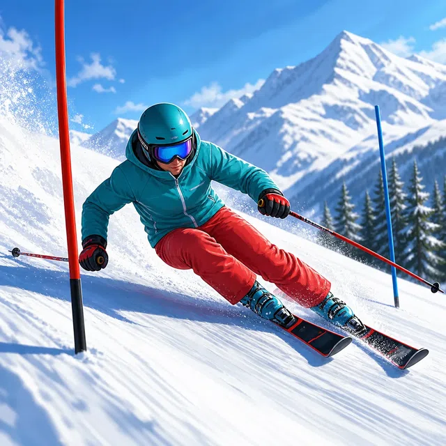 Ilustrasi asli pemain ski alpine di lereng bersalju di antara tiang slalom