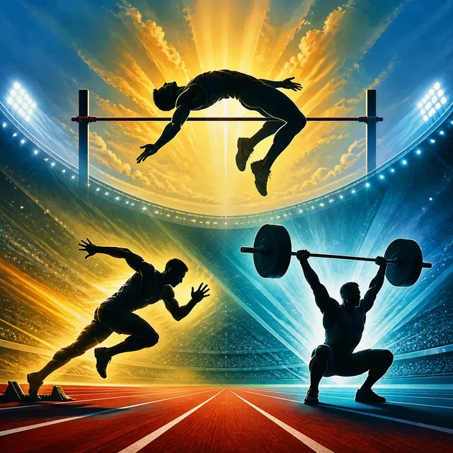 Ilustrasi asli dari tiga momen atletik umum dan olahraga kekuatan di stadion tanpa teks moto