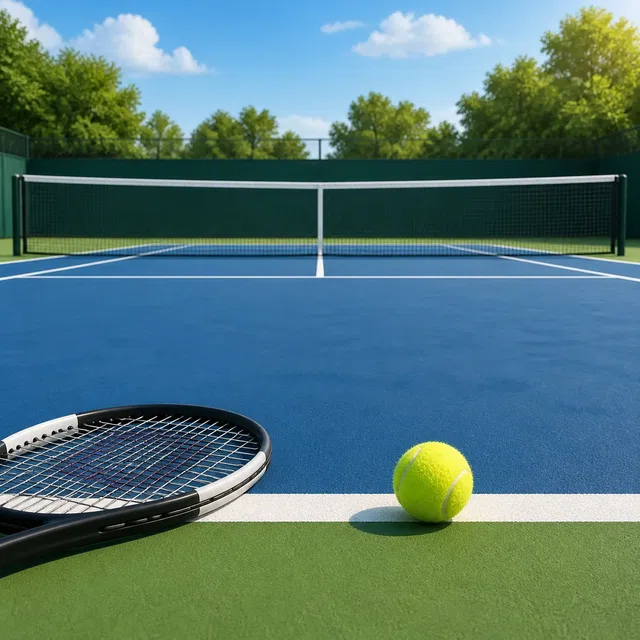 Illustration originale d’un court de tennis vide avec raquette et balle sur la ligne de fond