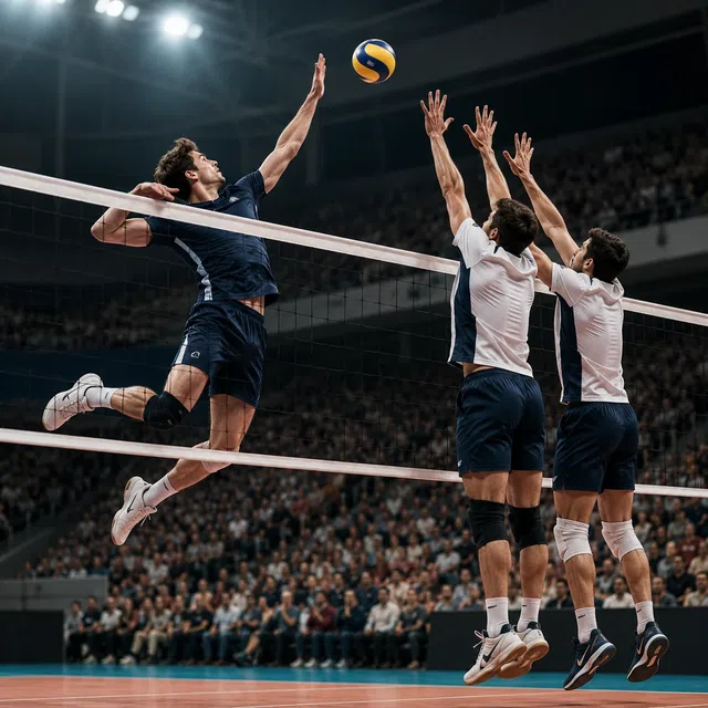 Kapalı alanda voleybol ağının önünde voleybol