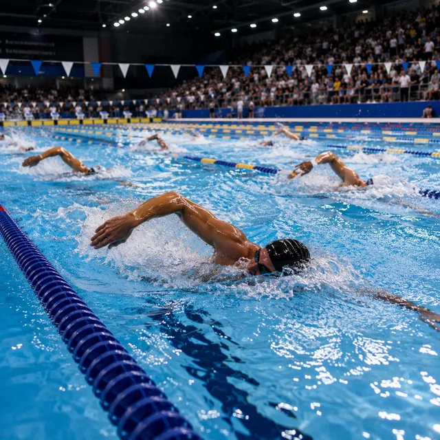Piscine olympique avec couloirs et blocs de départ