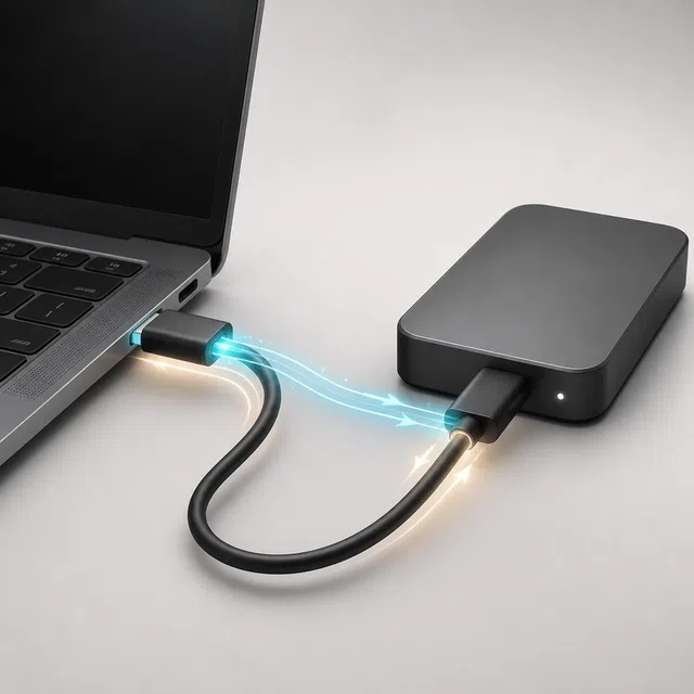 Illustration originale d'un câble USB entre un ordinateur portable et un périphérique externe