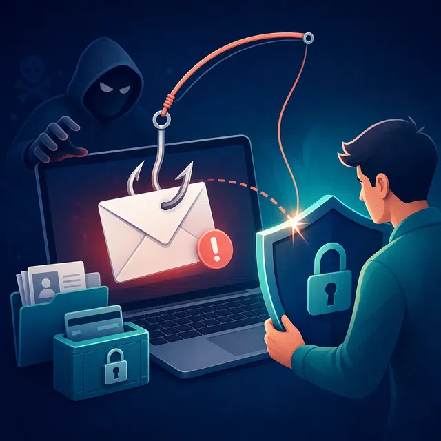 Illustration originale d'une attaque de phishing avec un faux message et un bouclier de protection