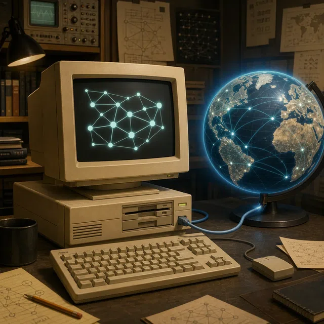 Illustration originale d'un ancien poste de travail informatique avec des connexions réseau abstraites