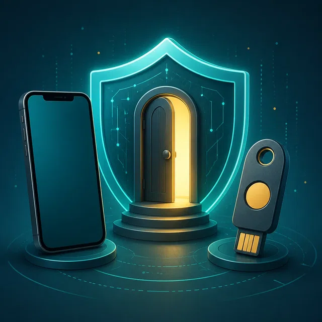 Illustration originale d'une authentification à deux facteurs avec un smartphone, une clé de sécurité et un bouclier de protection