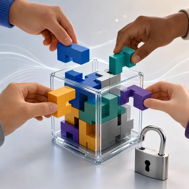 Illustration originale d'un ensemble de construction de logiciels ouverts avec des modules ajoutés en collaboration