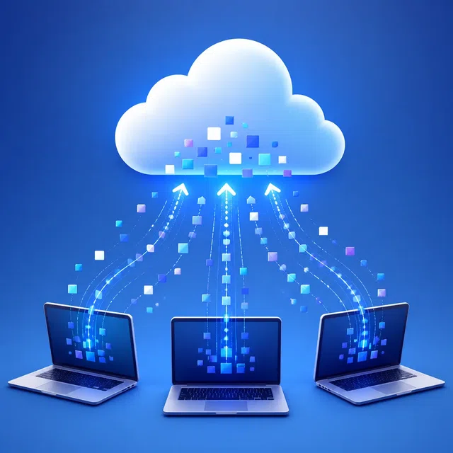 Illustration originale d'ordinateurs portables envoyant des données vers un cloud