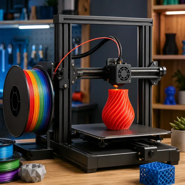 Imprimante 3D avec bobine de filament et objet construit couche par couche