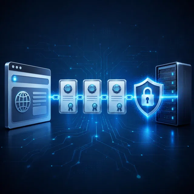 Illustration de sécurité HTTPS avec certificat serveur, certificats intermédiaires et ancre racine de confiance