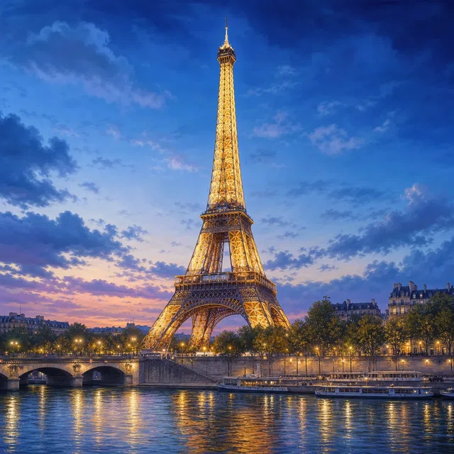 Een hoge ijzeren toren boven Europese daken aan een rivier