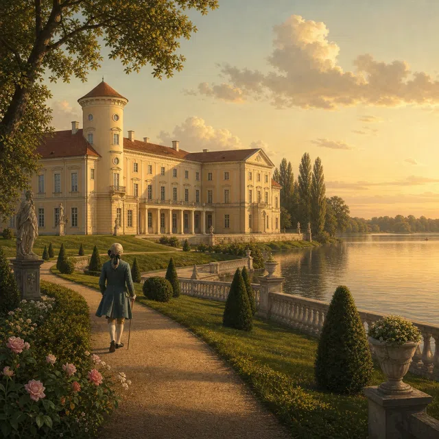 Illustration originale du château de Rheinsberg au bord du lac avec un jeune prince héritier dans le jardin