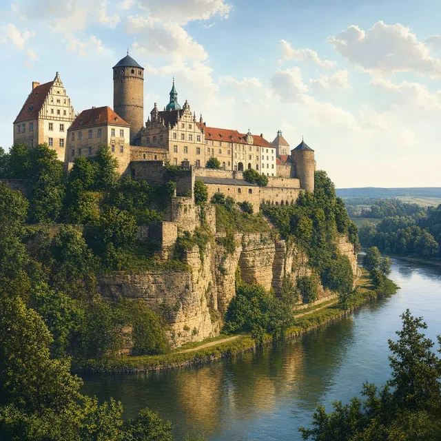 Illustrazione originale del castello di Bernburg su una scogliera sopra il fiume Saale