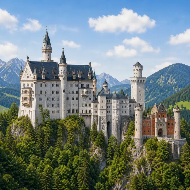 Ilustracja do pytania quizowego: Który król kazał zbudować zamek Neuschwanstein?