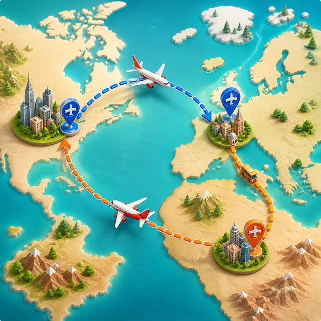Itinerario schematico con aeroporti diversi e un tratto via terra tra due città